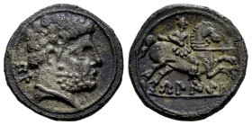 Belikiom. Denarius. 120-20 BC. Belchite (Zaragoza). (Abh-242). (Acip-1431). Anv.: Bearded head right, iberian letters BEL behind. Rev.: Horseman right...