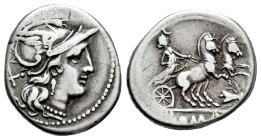 Anonymous. Denarius. 179-170 BC. Rome. (Ffc-80). (Craw-159/2). (Cal-55). Anv.: Head of Roma right, X behind. Rev.: Diana surmounted by crescent in big...