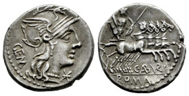 Aburius. C. Aburius Geminus. Denarius. 134 BC. Rome. (Ffc-89). (Craw-244/1). (Cal-61). Anv.: Head of Roma right, GEM behind. H below chin. Rev.: Mars ...