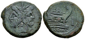 Anonymous. Unit. 169-158 a.C. Rome. (Craw-197/198B/1b). Anv.: Laureate head of Janus, I (mark of value) above. Rev.: Prow of galley to right; I (mark ...