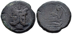 Anonymous. Unit. 211 a.C. Rome. (Craw-56/2). (Sydenham-143). (BMCRR-217). Anv.: Laureate head of Janus; I (mark of value) above. Rev.: Prow of galley ...