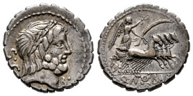 Antonia. C. Antius C.f. Restio. Denarius. 83-82 BC. Auxiliary mint of Rome. (Ffc-158). (Craw-364/1c). (Cal-141). Anv.: Laureate head of Jupiter right,...