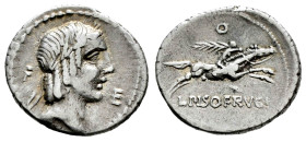 Calpurnius. L. Calpurnius Piso Frugi. Denarius. 90-89 BC. Rome. (Ffc-306). (Craw-340/1). (Cal-311i). Anv.: Laureate head of Apolo right, symbol behind...