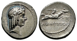 Calpurnius. C. Calpurnius Piso Frugi. Denarius. 67 a.C. Rome. (Craw-408/1a). Anv.: Laureate head of Apollo right; I behind. Rev.: Horseman galloping t...