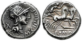 Cipius. M. Cipius M.F. Denarius. 115-114 BC. Uncertain mint. (Ffc-563). (Craw-289/1). (Cal-422). Anv.: Head of Roma right, M. CIPI M.F., before, X beh...