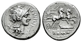 Cipius. M. Cipius M.F. Denarius. 115-114 BC. Uncertain mint. (Ffc-563). (Craw-289/1). (Cal-422). Anv.: Head of Roma right, M. CIPI M.F., before, X beh...