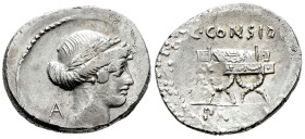 Considius. C. Considius Paetus. Denarius. 46 BC. Rome. (Ffc-594). (Craw-465/2a). (Cal-460). Anv.: Laureate head of Apollo right, A behind, border of d...