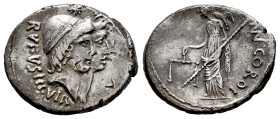 Cordius. Manius Cordius Rufus. Denarius. 46 BC. Rome. (Ffc-602). (Craw-463/1b). (Cal-465). Anv.: Conjoined heads of the Dioscuri right, each wearing p...