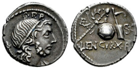 Cornelius. Cn Cornelius Lentulus Marcellinus. Denarius. 76-75 BC. Hispania. (Ffc-628). (Craw-393/1b). (Cal-487). Anv.: G. P. R. above diademed bust of...