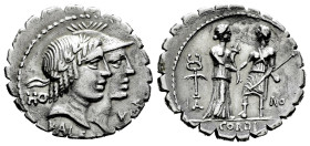 Fufius. Q. Fufius Calenus y Mucius Cordus. Denarius. 70 BC. (Ffc-725). (Craw-403/1). (Cal-595). Anv.: KALENI below jugate heads of Honos and Virtus, t...