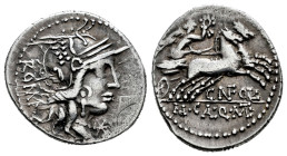 Fulvius. Cn. Fulvius, M. Calidius y Q. Metellus. Denarius. 117-111 BC. Norte de Italia. (Ffc-726). (Craw-284/1b). (Cal-596). Anv.: Head of Roma right,...