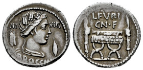 Furius. L. Furius Cn. f. Brocchus. Denarius. 63 BC. Rome. (Ffc-736). (Craw-414/1). (Cal-607). Anv.: Bust of Ceres right, but lock of hair falls down n...