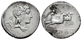 Julius. L. Julius Bursio. Denarius. 85 BC. Auxiliary mint of Rome. (Ffc-768). (Craw-no cita). (Cal-635). Anv.: Bust of Genius (or Apollo Vejovis) righ...