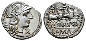 Lucretius. Cnaeus Lucretius Trio. Denarius. 136 BC. Rome. (Ffc-822). (Craw-237/1). (Cal-910). Anv.: TRIO behind head of Roma right, X below chin. Rev....