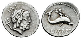 Lucretius. L. Lucretius Trio. Denarius. 76 BC. Rome. (Ffc-824). (Craw-no cita). (Cal-911). Anv.: Laureate head of Neptune right, trident and number be...