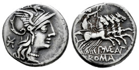 Maenius. Publius Maenius AntiADus. Denarius. 132 BC. Rome. (Ffc-831). (Craw-249/1). (Cal-916). Anv.: Head of Roma right, X behind. Rev.: Victory in qu...