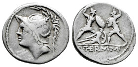 Minucius. Q. Minucius Thermus M.f. Denarius. 103 BC. Rome. (Ffc-928). (Craw-319/1). (Cal-1029). Anv.: Head of Mars left. Rev.: Two warriors fighting, ...