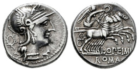 Opeimius. L. Opeimius. Denarius. 131 BC. Rome. (Ffc-949). (Craw-253/1). (Cal-1055). Anv.: Head of Roma right, below chin, wreath behind. Rev.: Victory...