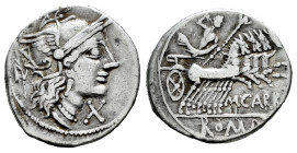 Papirius. Marcius Papirius Carbo. Denarius. 121 BC. Auxiliary mint of Rome. (Ffc-959). (Craw-276/1). (Cal-1063). Anv.: Head of Roma right, X below chi...