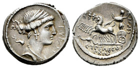 Plautius. P. Plautius Hypseus. Denarius. 60 BC. Rome. (Ffc-1000). (Craw-420/2d). (Cal-1128). Anv.: P. YPSAE. before, S.C. behind, bust of Leuconoe dra...