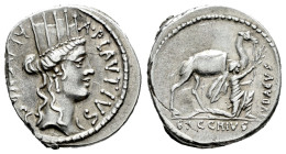 Plautius. A. Plautius. Denarius. 55 BC. Rome. (Ffc-1002). (Craw-431/1). (Cal-1130). Anv.: Turreted head of Cybele right, A. PLAVTIVS. before, AED. CVR...