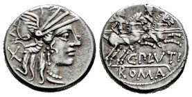 Plutius. C. Plutius. Denarius. 121 BC. Auxiliary mint of Rome. (Ffc-1009). (Craw-278/1). (Cal-1136). Anv.: Head of Roma right, X behind. Rev.: The Dio...