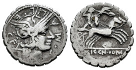 Poblicius. C. Poblicius Malleolus C.f. Denarius. 118 BC. Narbo. (Ffc-1010). (Craw-282/3). (Cal-1137). Anv.: C. MALLE. C.F. and X around head of Roma r...