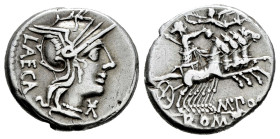 Porcius. Marcius Porcius Laeca. Denarius. 125 BC. Rome. (Ffc-1051). (Craw-270/1). (Cal-1197). Anv.: Head of Roma right, X below chin, LAECA behind. Re...