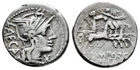 Porcius. Marcius Porcius Laeca. Denarius. 125 BC. Rome. (Ffc-1051). (Craw-270/1). (Cal-1197). Anv.: Head of Roma right, X below chin, LAECA behind. Re...