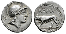 Satrienus. P. Satrienus. Denarius. 77 BC. Rome. (Ffc-1097). (Craw-388/1b). (Cal-1243). Anv.: Head of young Mars right, XI behind. Rev.: ROMA, above sh...