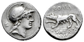 Satrienus. P. Satrienus. Denarius. 77 BC. Rome. (Ffc-1097). (Craw-388/1b). (Cal-1243). Anv.: Head of young Mars right, VI behind. Rev.: ROMA, above sh...