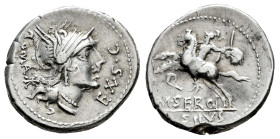 Sergius. M. Sergius Silus. Denarius. 116-115 BC. Norte de Italia. (Ffc-1111). (Craw-286/1). (Cal-1271). Anv.: Head of Roma right, EX. S.C. before, ROM...