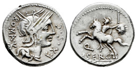 Sergius. M. Sergius Silus. Denarius. 116-115 BC. Norte de Italia. (Ffc-1111). (Craw-286/1). (Cal-1271). Anv.: Head of Roma right, EX. S.C. before, ROM...