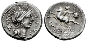 Sergius. M. Sergius Silus. Denarius. 116-115 BC. Norte de Italia. (Ffc-1111). (Craw-286/1). (Cal-1271). Anv.: Head of Roma right, EX. S.C. before, ROM...