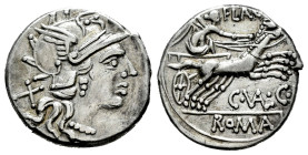 Valerius. C. Valerius C.f. FlADcus. Denarius. 140 BC. Rome. (Ffc-1163). (Craw-228/2). (Cal-1320). Anv.: Head of Roma right, X behind. Rev.: Victory in...