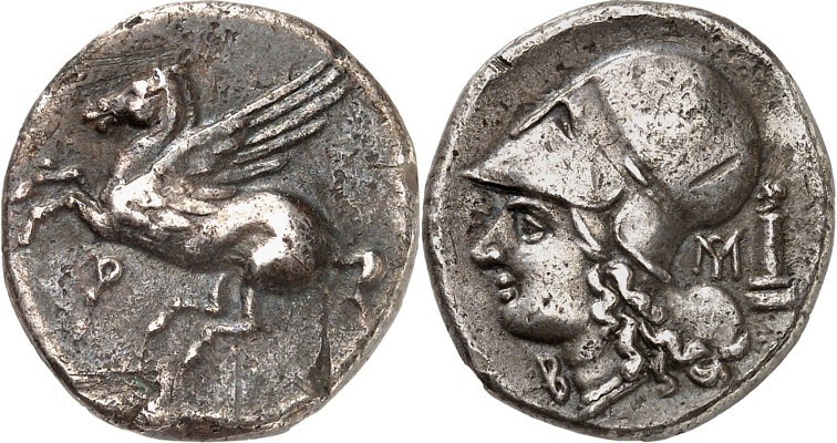 KORINTHIA. 
KORINTH. Stater (345/307 v.Chr.) 8,09g. Pegasos fliegt n.l.; unten ...