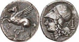 KORINTHIA. 
KORINTH. Stater (345/307 v.Chr.) 8,09g. Pegasos fliegt n.l.; unten Q / Athenakopf n.l.; r. Monogramm M und Hermes ityphallisch im Profil....