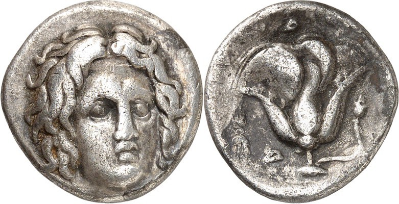 KARIEN. 
INSELN VOR KARIEN. 
RHODOS. Didrachmon (304/275 v.Chr.) 6,58g. Helios...