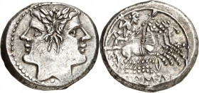 RÖMISCHE REPUBLIK : Silbermünzen. 
Anonym 227-208 v. Chr. Quadrigatus (Didrachmon) (225/212 v.Chr.) 6,63g, Rom. Doppelkopf der Dioskuren mit Lorbeerk...