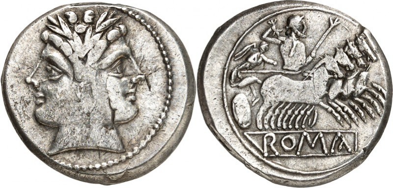 RÖMISCHE REPUBLIK : Silbermünzen. 
Anonym 227-208 v. Chr. Quadrigatus (Didrachm...