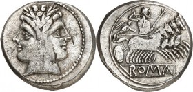 RÖMISCHE REPUBLIK : Silbermünzen. 
Anonym 227-208 v. Chr. Quadrigatus (Didrachmon) (225/214 v.Chr.) 6,70g, unbek. Mzst. Dioskuren-Doppelkopf m. Lkr. ...