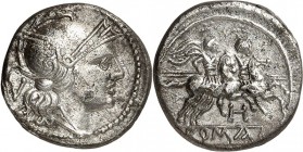 RÖMISCHE REPUBLIK : Silbermünzen. 
Anonym 227-208 v. Chr. Quinar (211-210 v.Chr.) 2,24g, italien. Mzst. Behelmter Kopf der Roma n. r., dahinter V / D...