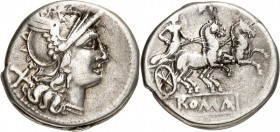 RÖMISCHE REPUBLIK : Silbermünzen. 
An(...) 194-190 v. Chr. Denar 3,89g, Rom. Behelmter Romakopf n. r. , dahinter X / Luna in Biga n.r., oben ligiert ...