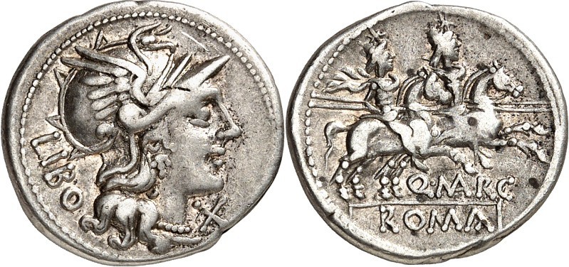 RÖMISCHE REPUBLIK : Silbermünzen. 
Quintus Marcius Libo 148 v. Chr. Denar 3,94g...