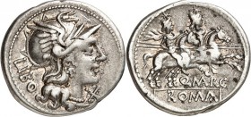 RÖMISCHE REPUBLIK : Silbermünzen. 
Quintus Marcius Libo 148 v. Chr. Denar 3,94g. Behelmter Kopf der Roma n. r., unter dem Kinn X, links LIBO / Diosku...