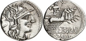 RÖMISCHE REPUBLIK : Silbermünzen. 
Lucius Trebanius 135 v. Chr. Denar 3,02g. Romakopf n.r.; l. X / Iupiter in Quadriga n.r.; unten L.TREBANI (TR u. A...