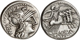 RÖMISCHE REPUBLIK : Silbermünzen. 
Marcus Aburius Geminus 132 v. Chr. Denar 3,91g. Kopf der Roma mit Flügelhelm n.r.; dahinter GEM; unterm Kinn Denar...
