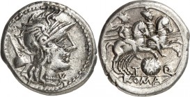 RÖMISCHE REPUBLIK : Silbermünzen. 
Titus Quinctius Flamininus 126 v. Chr. Denar 3,88g. Romakopf n.r.; l. Apex / Dioscuren reiten n.r.; unten T - Rund...