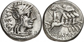 RÖMISCHE REPUBLIK : Silbermünzen. 
Marcus Porcius Laeca 125 v. Chr. Denar 3,90g. Kopf der Roma mit Flügelhelm n.r.; davor Denarzeichen; dahinter LAEC...