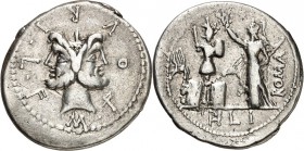 RÖMISCHE REPUBLIK : Silbermünzen. 
Marcus Fourius Lucii filius Philus 119 v. Chr. Denar 3,89g. Ianusartiger Doppelkopf des Iupiter mit Lorbeer M FOVR...
